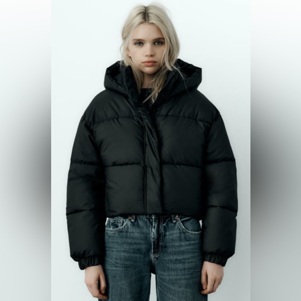 Zara Black Puffer Jacket new size Medium Wind Protection Rubberized Anorak